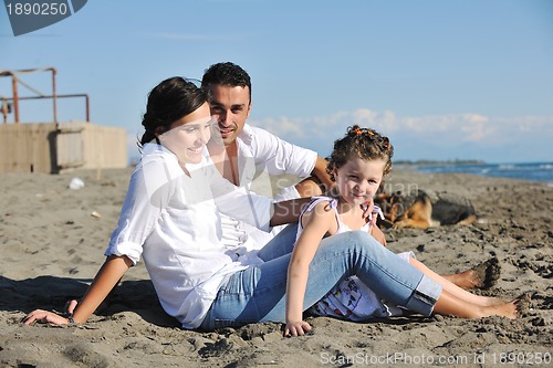 Image of happy family playing with dog on beach