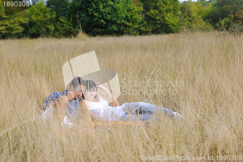 Image of happy couple enjoying countryside picnic in long grass