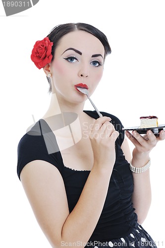 Image of pinup retro  woman with travel bag isolated