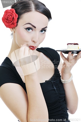 Image of pinup retro  woman with travel bag isolated