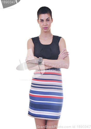 Image of brunette female  model posing isolated on white background