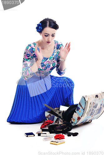 Image of pinup retro  woman with travel bag isolated
