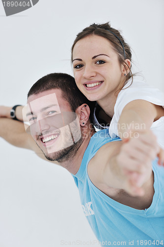 Image of happy young couple fitness workout and fun