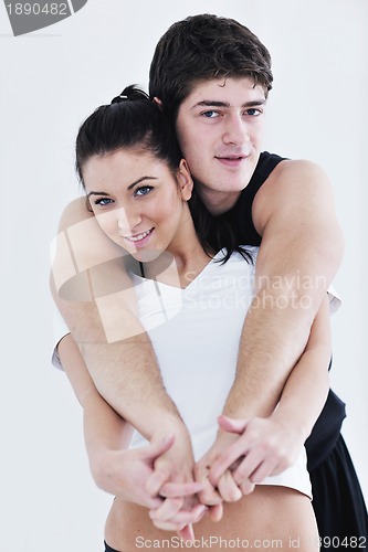 Image of happy young couple fitness workout and fun