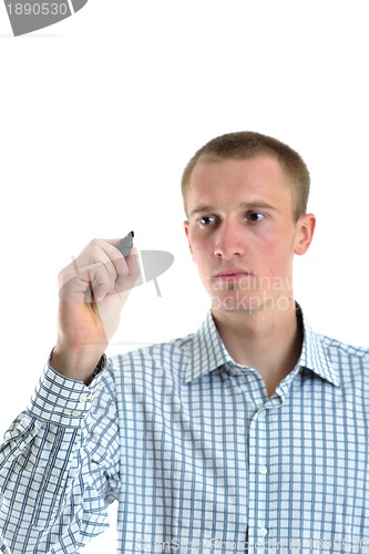 Image of handsome young business man touching screen isolated