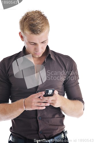 Image of one businessman with cellphone isolated on white