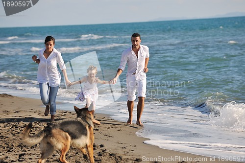 Image of happy family playing with dog on beach