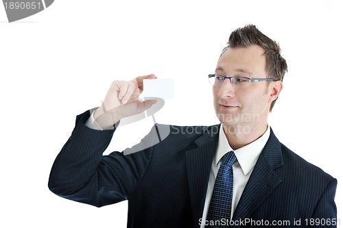 Image of young businessman with empty white card