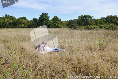 Image of happy couple enjoying countryside picnic in long grass