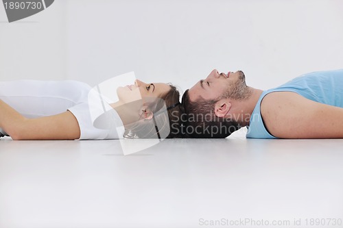 Image of happy young couple fitness workout and fun