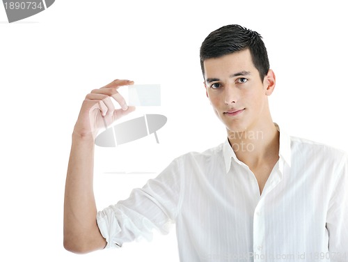 Image of young businessman with empty white card