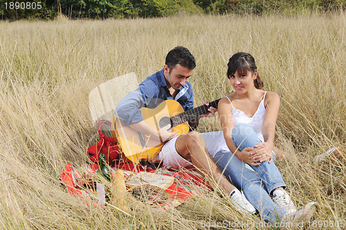 Image of happy couple enjoying countryside picnic in long grass
