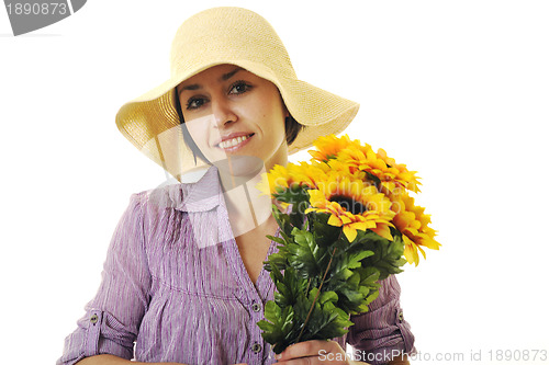 Image of woman with sunflower isolated on white