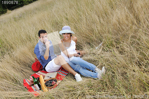 Image of happy couple enjoying countryside picnic in long grass