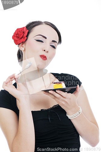 Image of pinup retro  woman with travel bag isolated