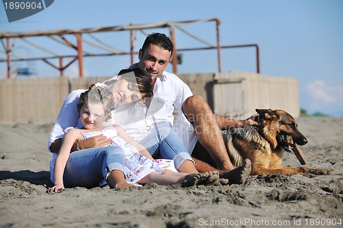 Image of happy family playing with dog on beach