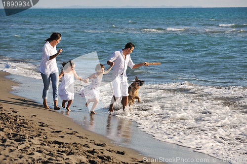 Image of happy family playing with dog on beach