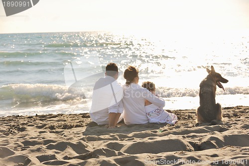Image of happy family playing with dog on beach