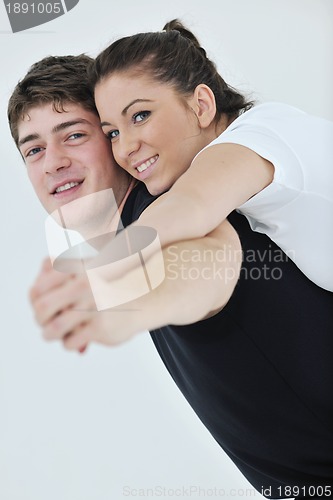Image of happy young couple fitness workout and fun