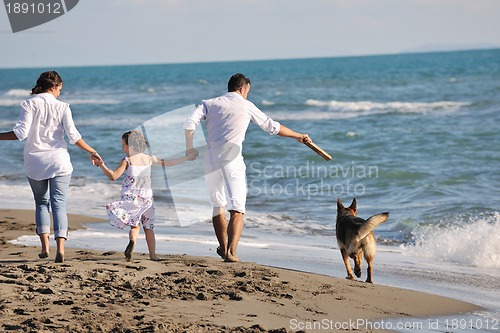 Image of happy family playing with dog on beach