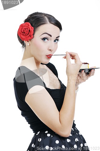 Image of pinup retro  woman with travel bag isolated