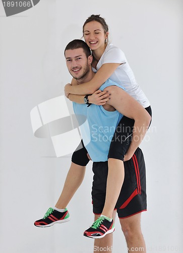 Image of happy young couple fitness workout and fun