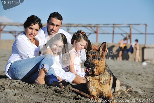 Image of happy family playing with dog on beach