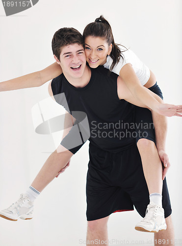 Image of happy young couple fitness workout and fun