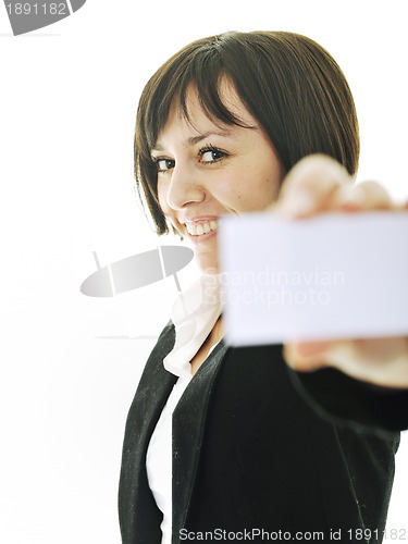 Image of young business  woman displaying empty business card