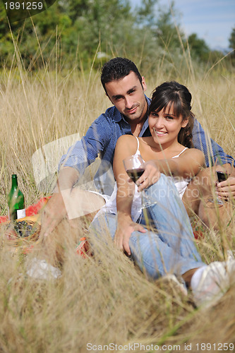 Image of happy couple enjoying countryside picnic in long grass
