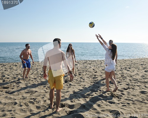 Image of young people group have fun and play beach volleyball