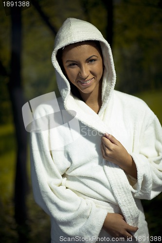 Image of Young woman take a steam bath