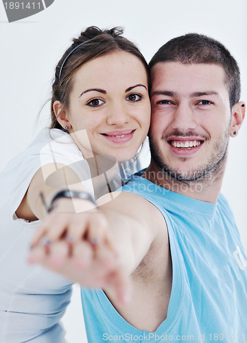 Image of happy young couple fitness workout and fun