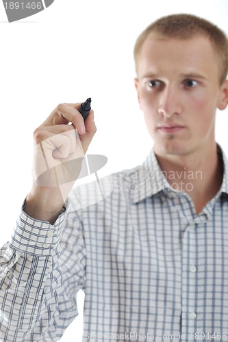 Image of handsome young business man touching screen isolated