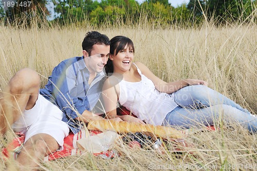 Image of happy couple enjoying countryside picnic in long grass