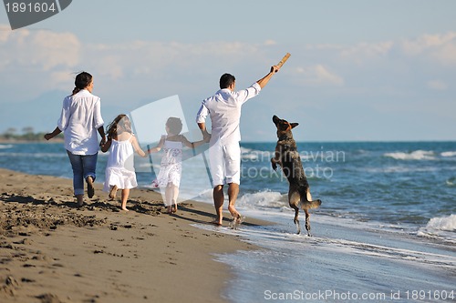 Image of happy family playing with dog on beach