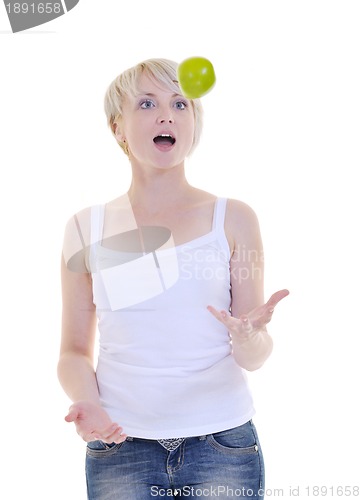 Image of happy  young  woman eat green apple isolated  on white