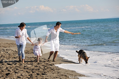 Image of happy family playing with dog on beach