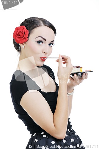 Image of pinup retro  woman with travel bag isolated