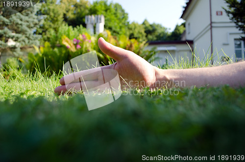 Image of Human hand garden lawn retro building 