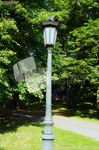 Image of Retro lighting pole lamp in park and linden trees 