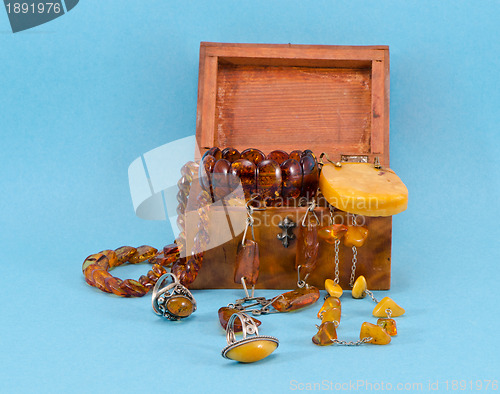 Image of Amber apparel jewelry retro wooden box on blue 