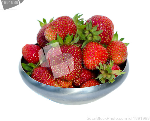 Image of ripe strawberries in metal dish isolated on white 