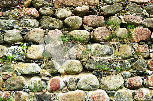 Image of Backdrop of retro castle stone wall and grass grow 