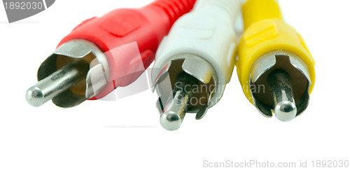 Image of Closeup of tulip video audio tv cable wires plugs 