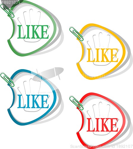 Image of Stickers set with Like symbol on hand. Vector