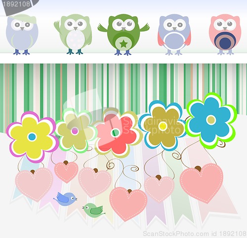 Image of sweet owls, flowers, love hearts and cute birds