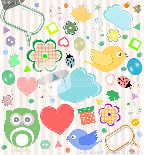 Image of Set of vector elements - owls, birds, flowers, ladybugs