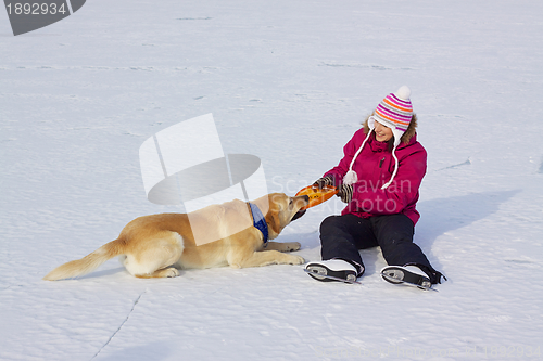 Image of Girl on ice skates with dog