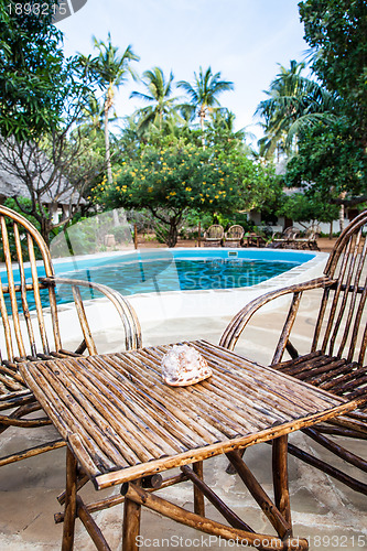 Image of Chairs on swimming pool border